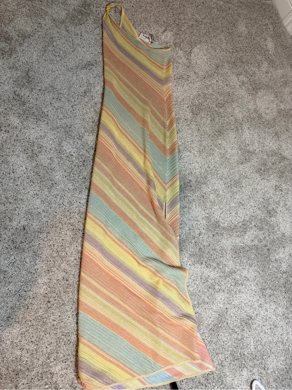 NWT Kapri Milan Maxi Dress Pastel Stripe One Shoulder Shimmer Gown Size S - Picture 3 of 4
